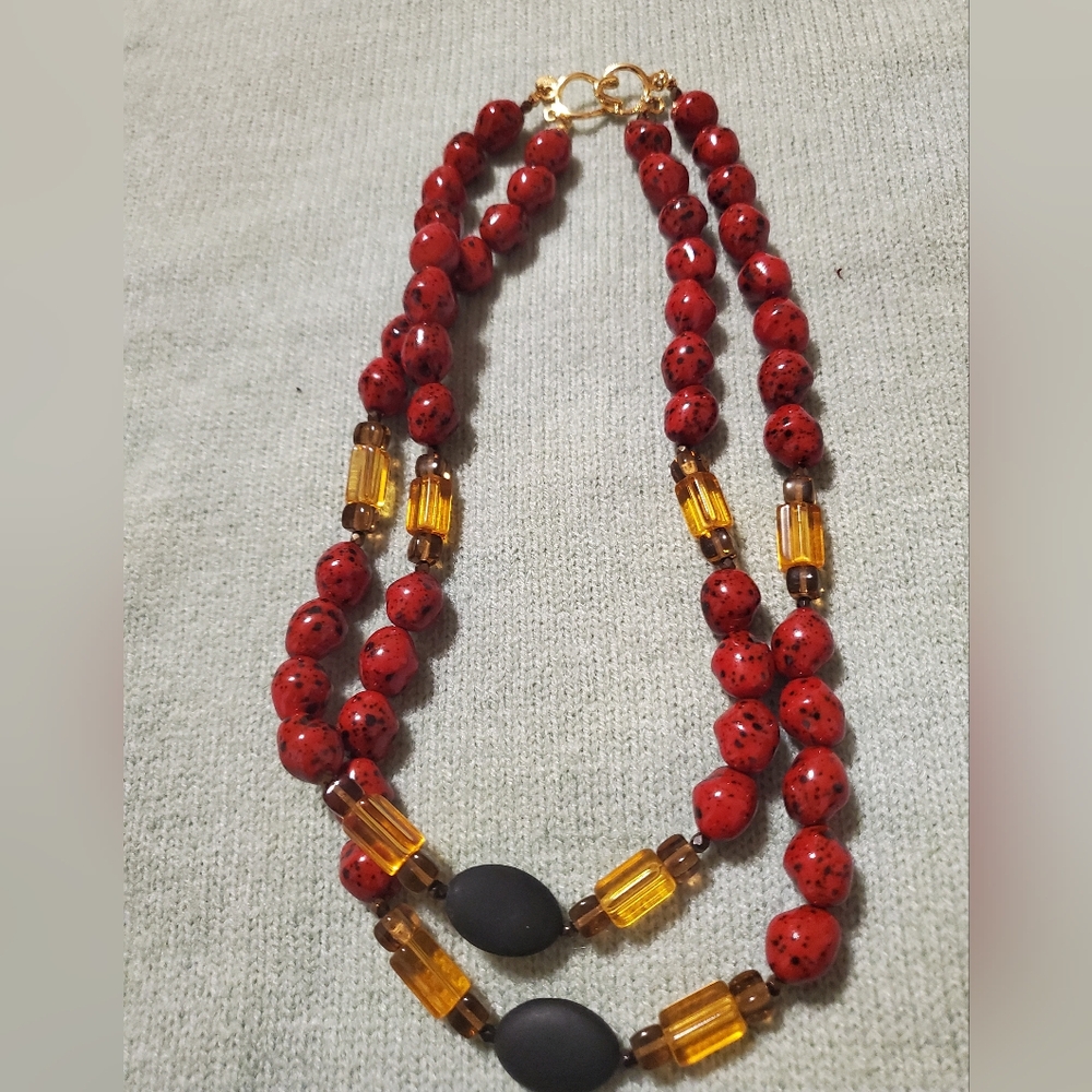 Wendy Gell Red Black Stone &Yellow Crystal Amber Color 2 Stand Beaded Necklace